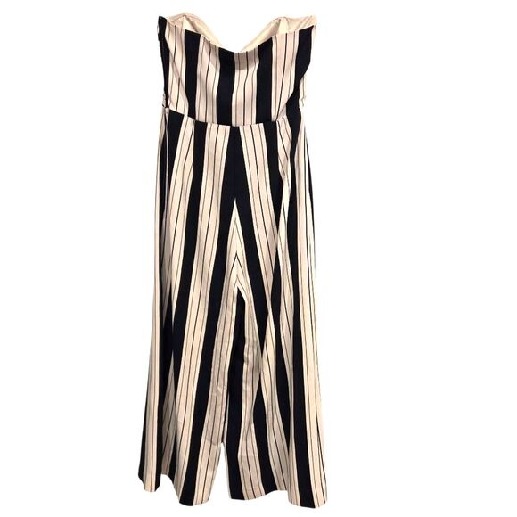 H&M Striped Navy Strapless Culottes Jumpsuit Bandeau Tie Waist Capri Wide Leg 6 - Picture 4 of 10